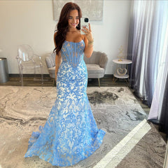 Elegant Long Blue Mermaid Strapless Lace Prom Dress