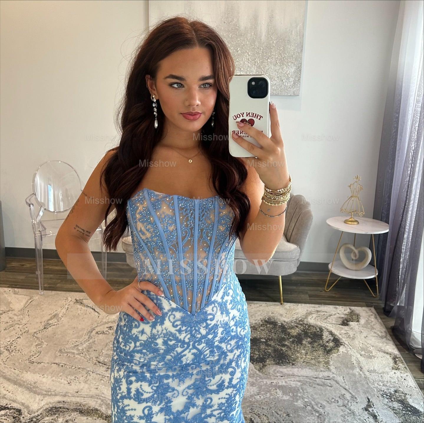 Elegant Long Blue Mermaid Strapless Lace Prom Dress