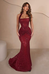 Elegant Long Burgundy Halter Mermaid Sleeveless Beaded Evening Dress