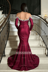 Elegant Long Burgundy Mermaid Rhinestones Prom Evening Dresses with Long Sleeves