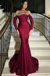 Elegant Long Burgundy Mermaid Rhinestones Prom Evening Dresses with Long Sleeves
