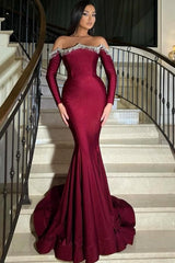 Elegant Long Burgundy Mermaid Rhinestones Prom Evening Dresses with Long Sleeves