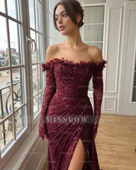 Elegant Long Burgundy Off-the-shoulder Sequined Formal Dress with Long Sleeves