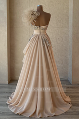 Elegant Long Champagne A-line One Shoulder Beaded Sleeveless Prom Dresses