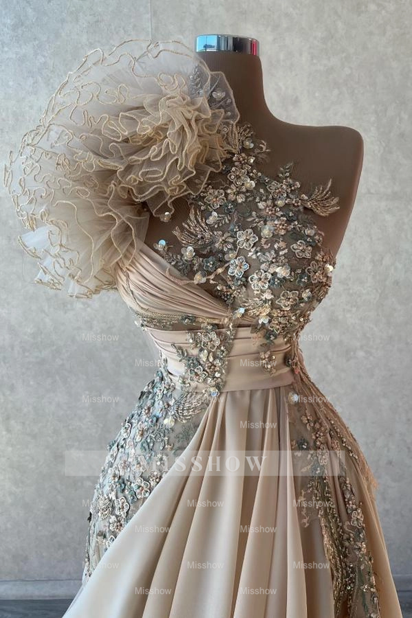 Elegant Long Champagne A-line One Shoulder Beaded Sleeveless Prom Dresses