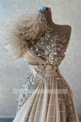 Elegant Long Champagne A-line One Shoulder Beaded Sleeveless Prom Dresses