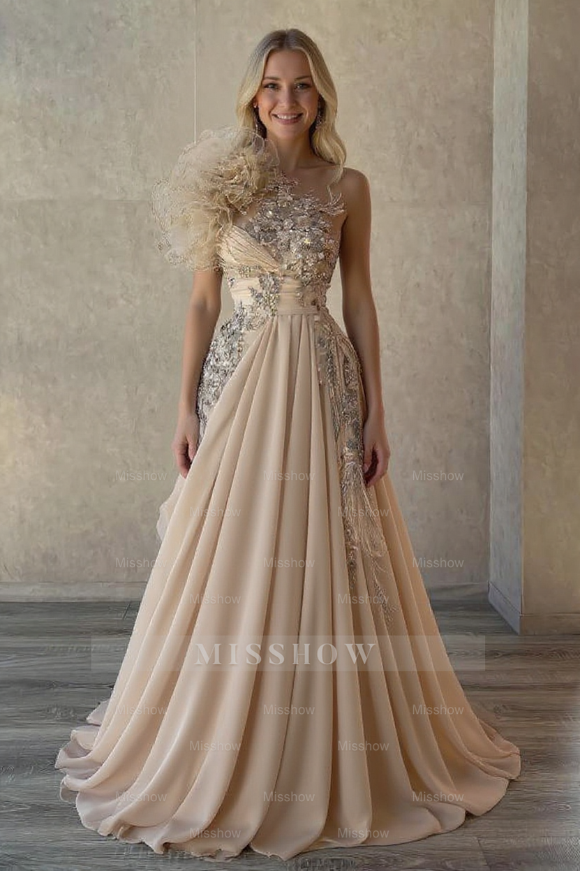 Elegant Long Champagne A-line One Shoulder Beaded Sleeveless Prom Dresses