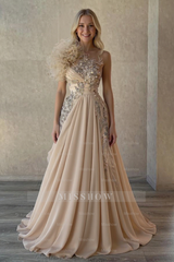Elegant Long Champagne A-line One Shoulder Beaded Sleeveless Prom Dresses