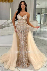 Elegant Long Champagne Mermaid Strapless Lace Glitter Prom Evening Dresses with Detachable Train