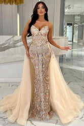 Elegant Long Champagne Mermaid Strapless Lace Glitter Prom Evening Dresses with Detachable Train