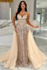 Elegant Long Champagne Mermaid Strapless Lace Glitter Prom Evening Dresses with Detachable Train