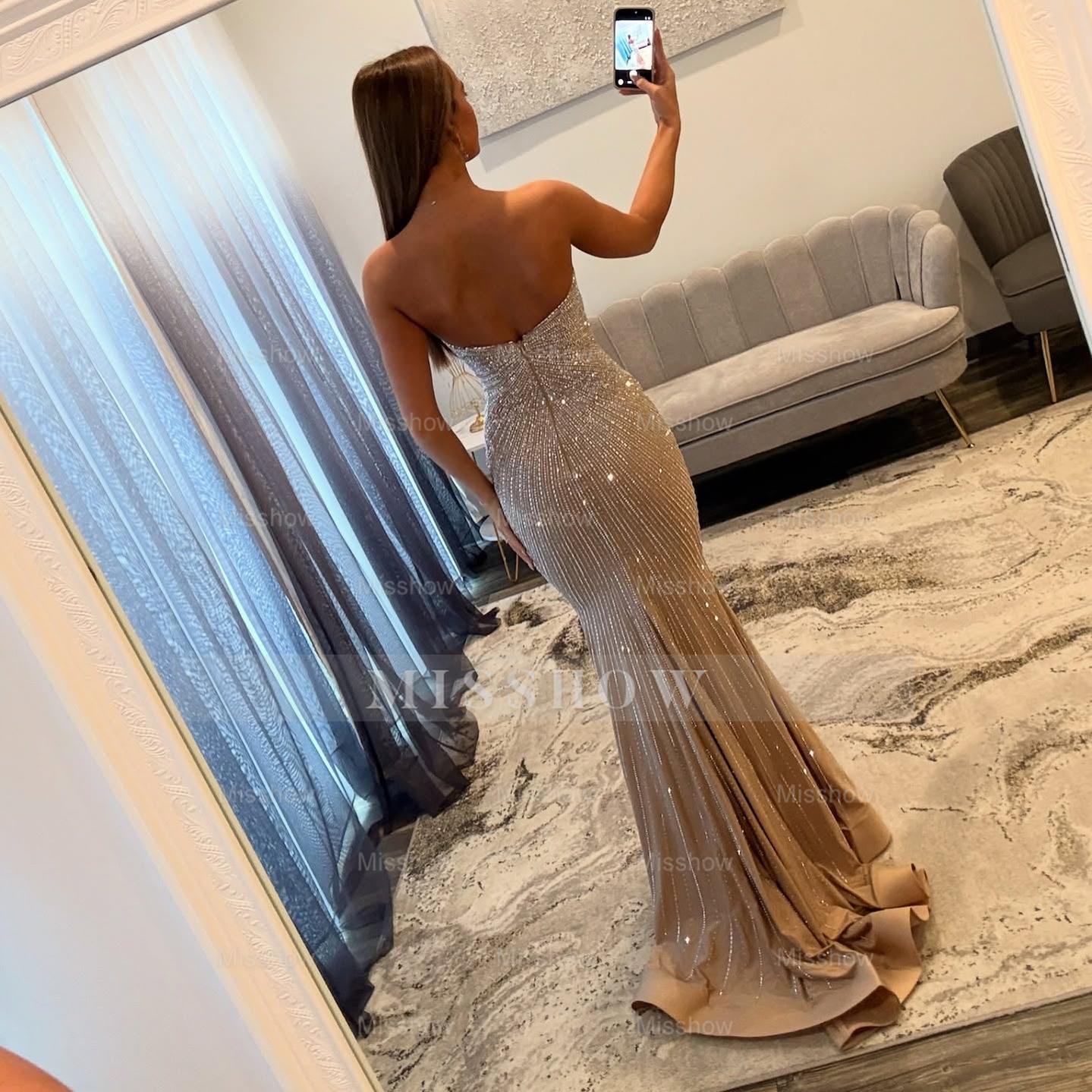 Elegant Long Champagne Mermaid Strapless Sequined Prom Dress