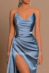 Dusty blue v-neck split-front mermaid prom dress
