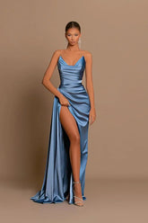 Light blue v-neck front-split mermaid prom dress