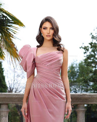 Elegant Long Dusty Rose One Shoulder Satin Sleeveless Floor Length Prom Dress
