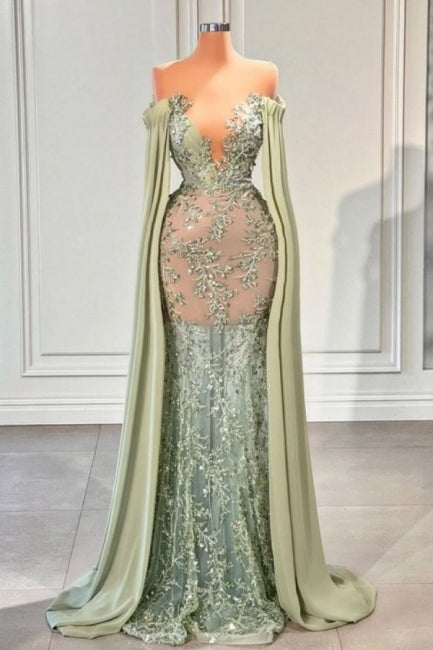 Elegant Long Dusty Sage Off-the-shoulder Mermaid Lace V-neck Prom Dress