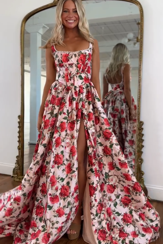 Elegant Long Floral Square Neck A-line Sleeveless Prom Dress with Slit Elegant Long Floral Square Neck A-line Sleeveless Prom Dress with Slit