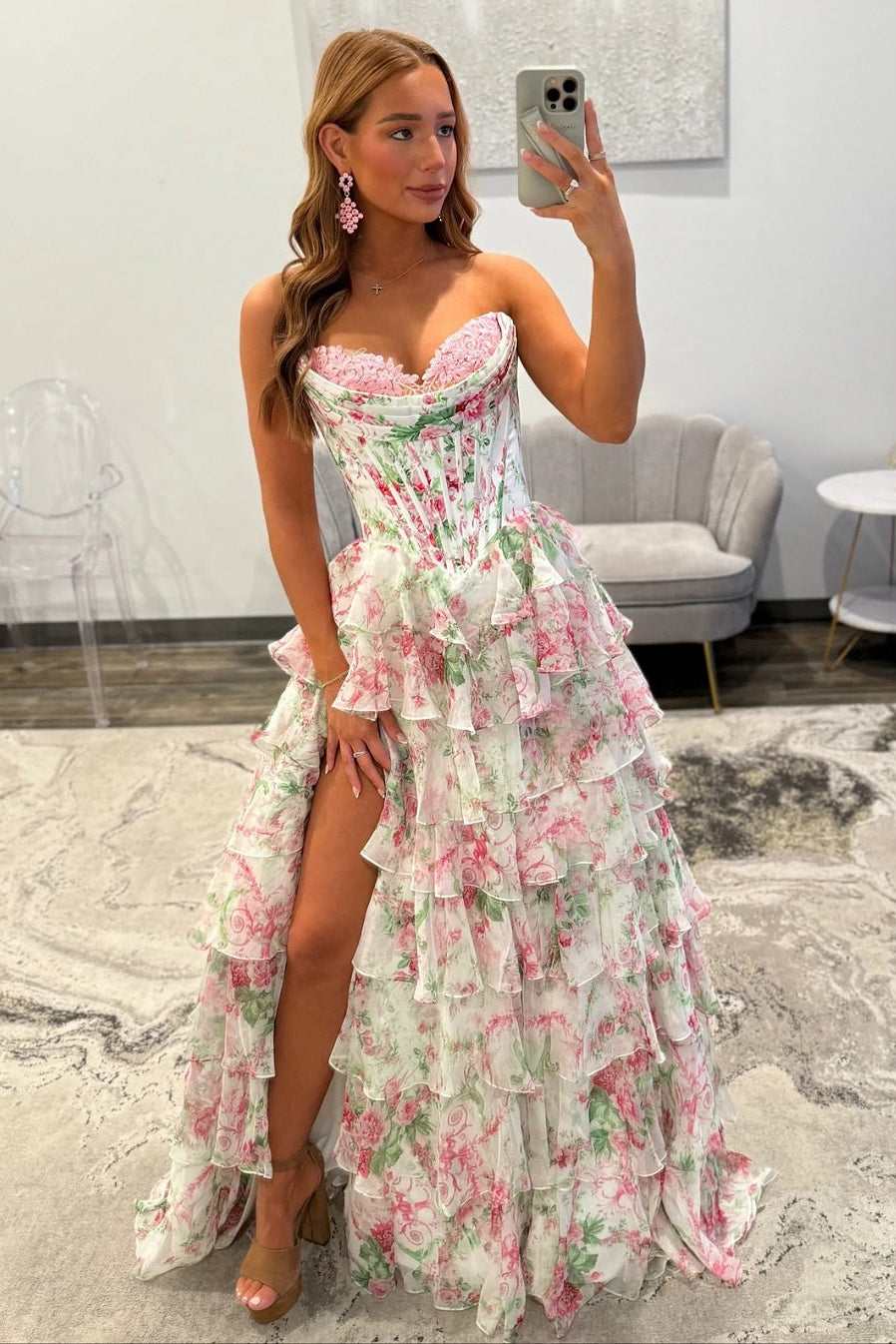 chiffon floral prom dress Stacees 2026 A-line Spaghetti Strap Blue Floral Print Tiered Ruffle Prom Dress with Slit