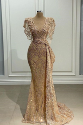 Elegant Long Gold Mermaid Lace Crew Neck Sleeveless Prom Dress