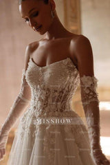 Elegant Long Ivory A-line Strapless Lace Sweetheart Wedding Dresses