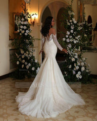Elegant Long Ivory Mermaid Long Sleeves Lace Tulle Wedding Dress