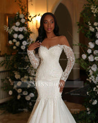 Elegant Long Ivory Mermaid Long Sleeves Lace Tulle Wedding Dress