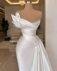 Elegant Long Ivory Mermaid Sleeveless Satin Prom Dress With Pearls