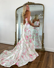 Elegant Long Mermaid Blue Strapless Floral Prom Dress