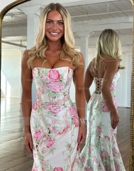 Elegant Long Mermaid Blue Strapless Floral Prom Dress