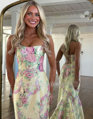 Elegant Long Mermaid Blue Strapless Floral Prom Dress