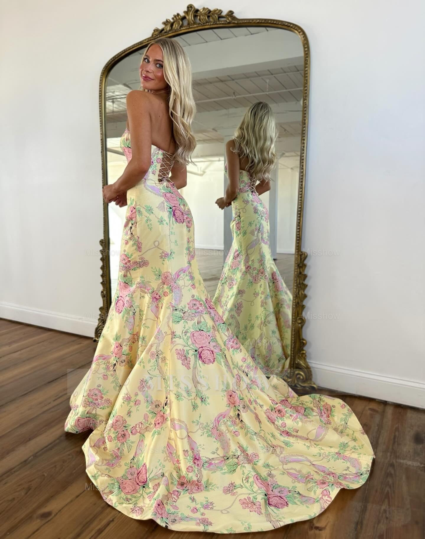 Elegant Long Mermaid Blue Strapless Floral Prom Dress