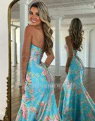 Elegant Long Mermaid Blue Strapless Floral Prom Dress
