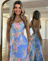 Elegant Long Mermaid Blue Strapless Floral Prom Dress