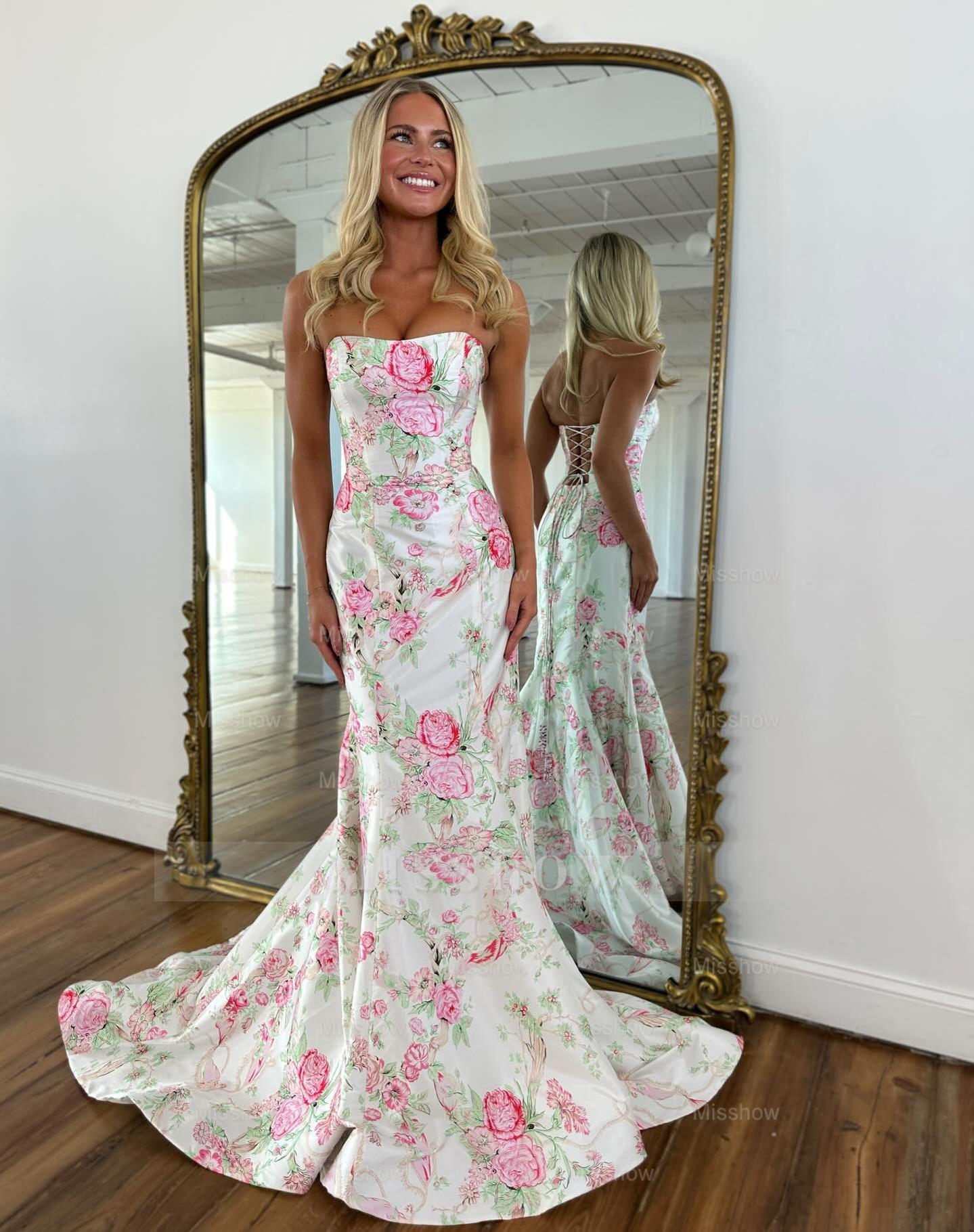 Elegant Long Mermaid Blue Strapless Floral Prom Dress