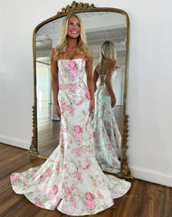 Elegant Long Mermaid Blue Strapless Floral Prom Dress