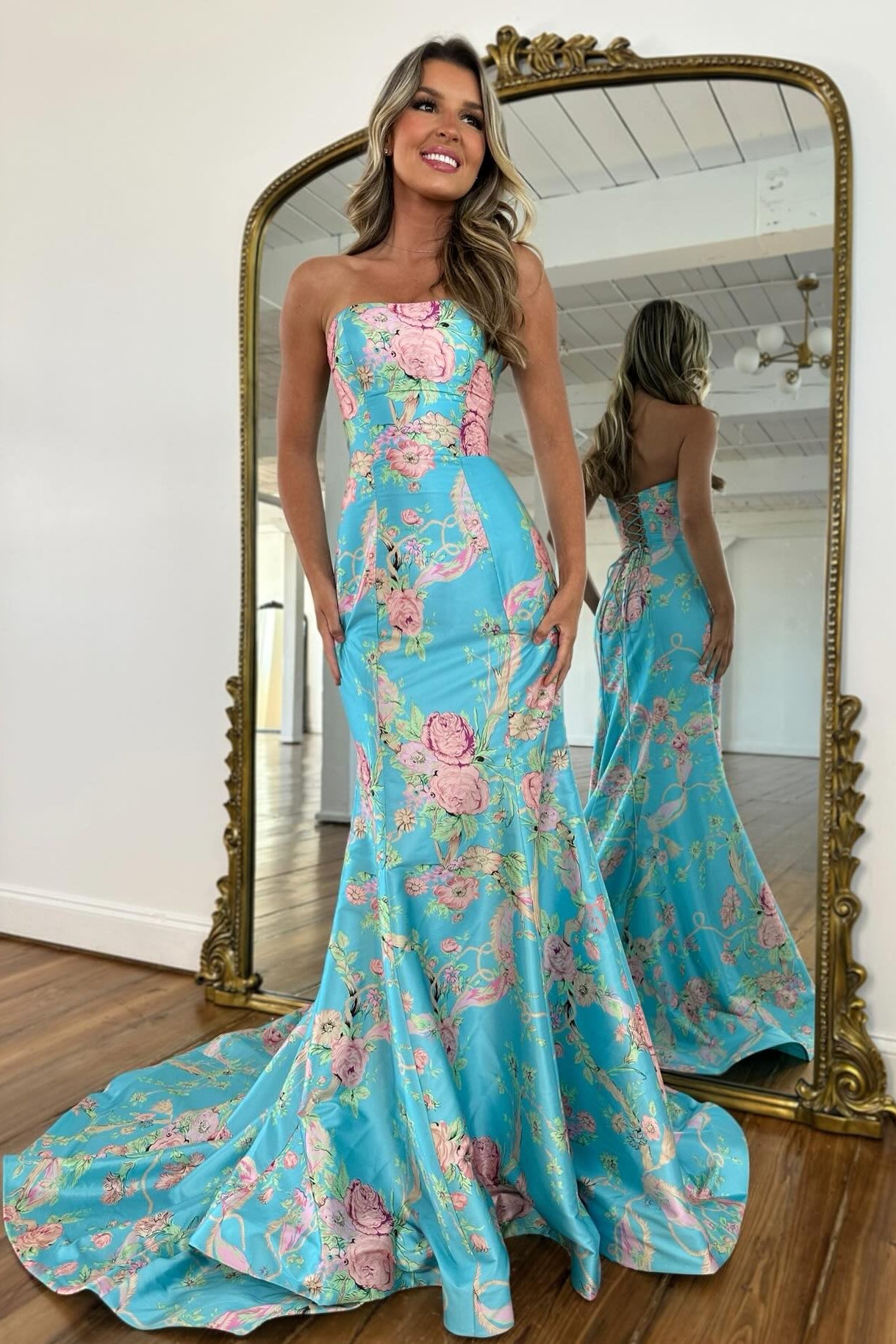 Elegant Long Mermaid Blue Strapless Floral Prom Dress