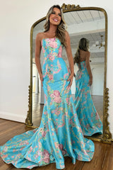 Elegant Long Mermaid Blue Strapless Floral Prom Dress