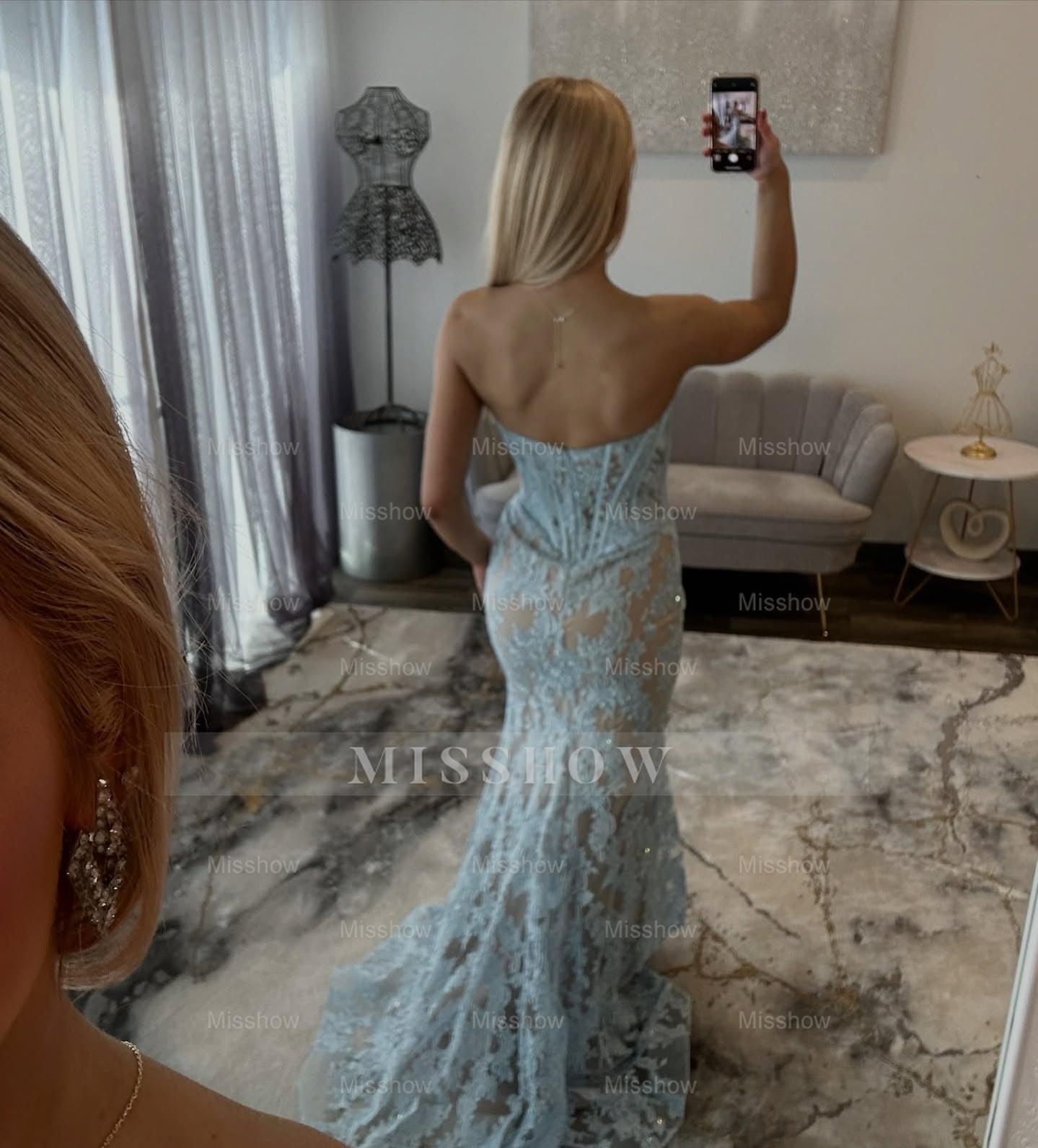Elegant Long Mermaid Blue Strapless Sweetheart Prom Dress with Lace