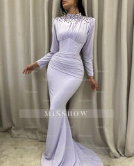 Elegant Long Mermaid High Neck Satin Crystal Prom Dress With Long Sleeves