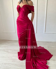 Elegant Long Mermaid Off-the-shoulder Sleeveless V-neck Satin Fuchsia Prom Dress