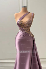 Vintage mauve one shoulder applique A-line prom dress