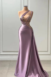 Mauve one shoulder applique A-line prom dress