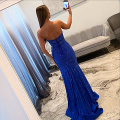 Elegant Long Mermaid Royal Blue Strapless Sequined Prom Dress with Slit