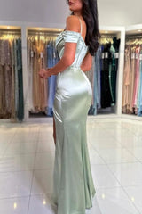 Elegant Long Mermaid Simple Spaghetti Straps Off-the-shoulder Satin Prom Evening Dresses With Slit