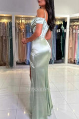 Elegant Long Mermaid Simple Spaghetti Straps Off-the-shoulder Satin Prom Evening Dresses With Slit