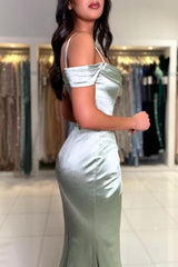 Elegant Long Mermaid Simple Spaghetti Straps Off-the-shoulder Satin Prom Evening Dresses With Slit