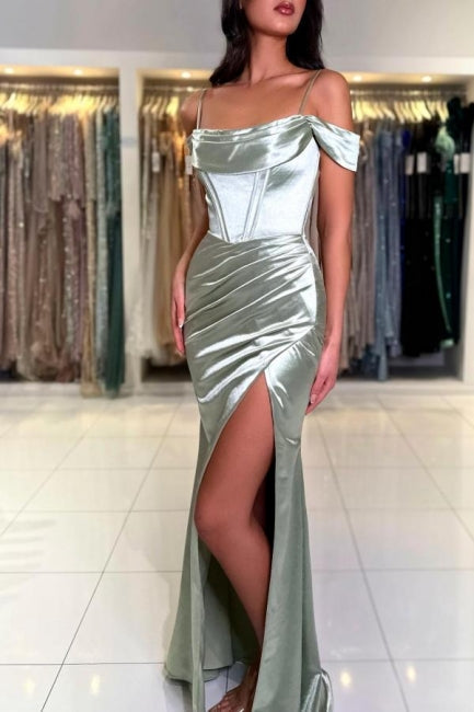 Elegant Long Mermaid Simple Spaghetti Straps Off-the-shoulder Satin Prom Evening Dresses With Slit