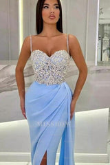Elegant Long Mermaid Spaghetti Straps Sweetheart Glitter Prom Evening Dresses With Slit