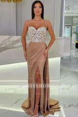 Elegant Long Mermaid Spaghetti Straps Sweetheart Glitter Prom Evening Dresses With Slit
