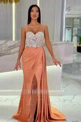 Elegant Long Mermaid Spaghetti Straps Sweetheart Glitter Prom Evening Dresses With Slit